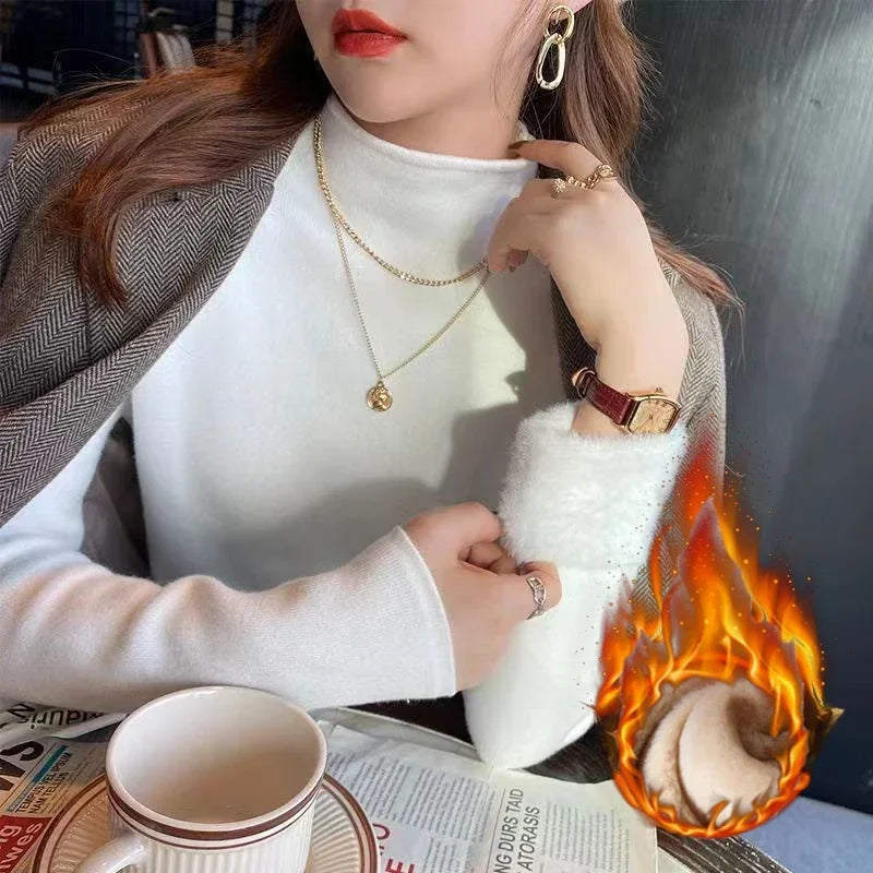 2025 Sweater For Women Casual Thick Warm Knit Plush Velvet Lined Pullover Tops Fall Winter Soft Knitwear Jumper New Slim Poleras