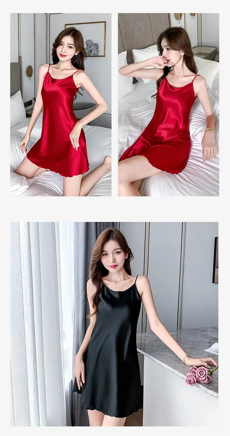 Women Silk Nightgowns Sexy Sleepwear Sleeping Dress Summer Pijamas Backless Slip dress lounge-wear Night Dress Ladies Sleepwear