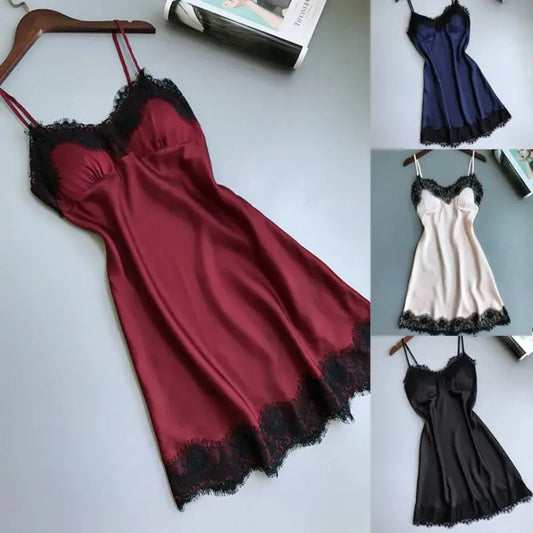 Ladies Sexy Silk Satin Night Dress Sleeveless Nighties V-neck Nightgown Nightdress Lace Sleepwear Nightwear for Women S-3XL