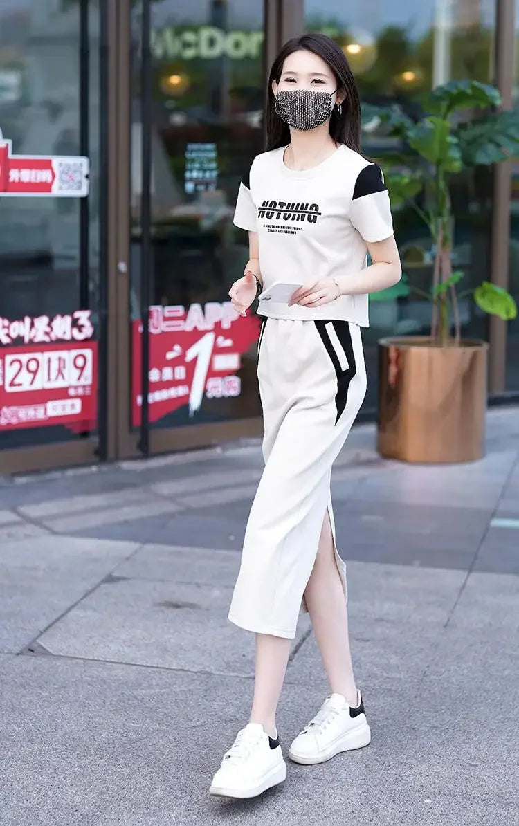 Women's Two Piece Set Short Sleeve Lightly Cooked Slit Skirt Luxury Designer Clothing Y2k Clothes Top and Bottom Female Outfits