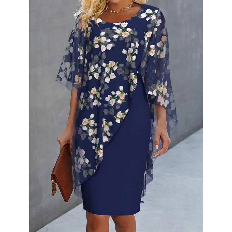 Elegant O-neck Half-sleeved 2-piece Dress For Women Autumn Fashion Irregular Suit Flower Printing Loose Dresses Female