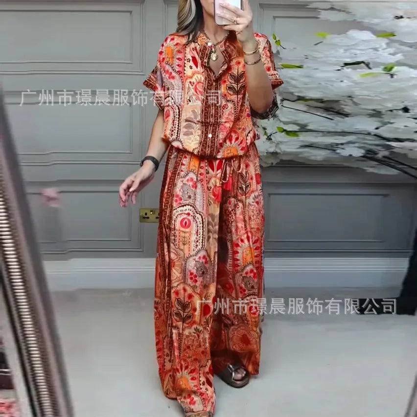 Woman 2 Piece Set Outfit New Summer Fashion Casual Loose Printed Short-sleeved Top + Wide-leg Trousers Two-piece Suit For Women