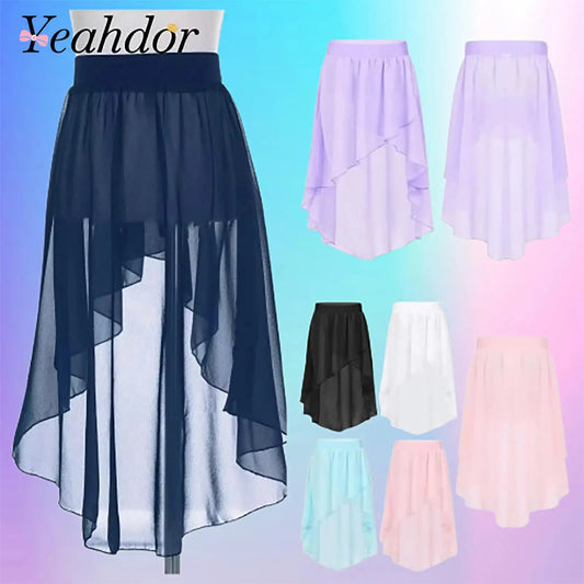 Girls Skirts High-Low Chiffon Skirt for Girl Elastic Waistband Ballet Modern Lyrical Dance Leotards Wrap Skirt Child Dancewear