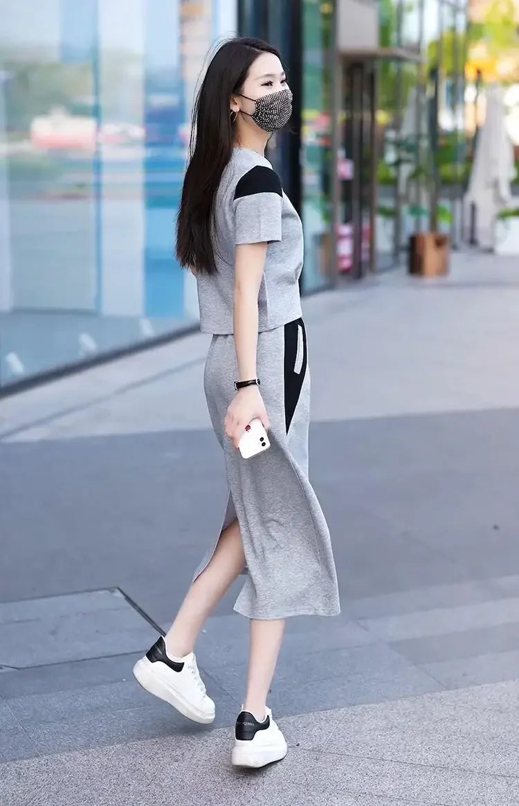 Women's Two Piece Set Short Sleeve Lightly Cooked Slit Skirt Luxury Designer Clothing Y2k Clothes Top and Bottom Female Outfits