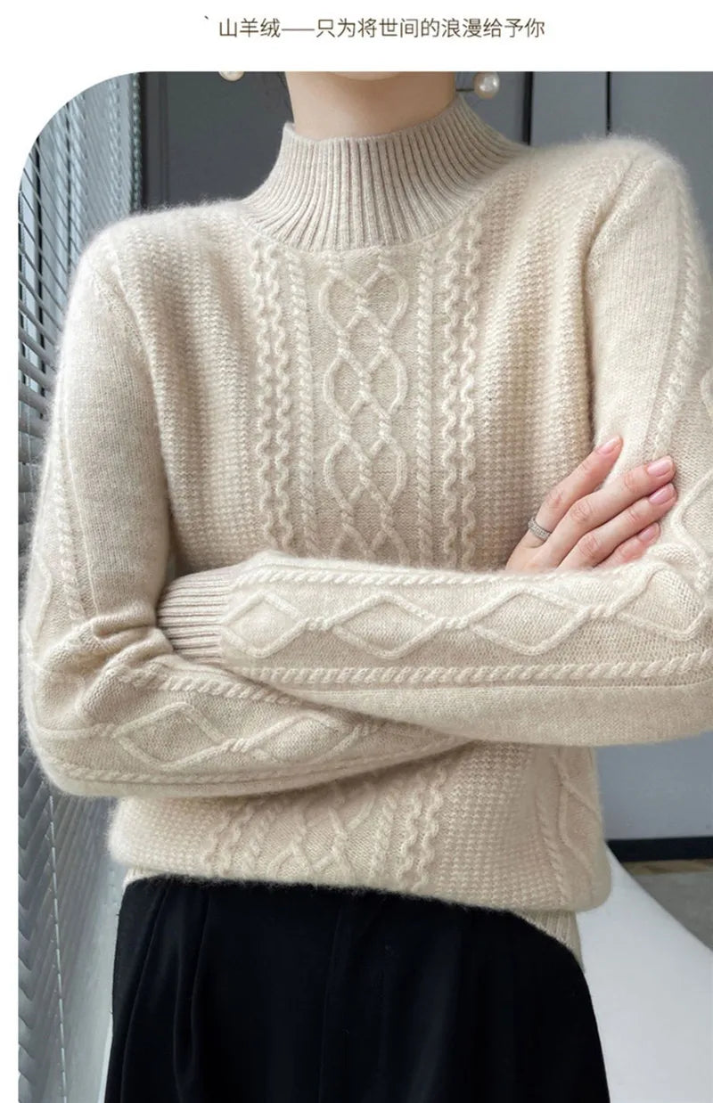 Women's Sweater Spring Autumn Outside Wear Pullovers Half High Collar Knitwear Fashion Long Sleeve Pull Femme Sueter Tops