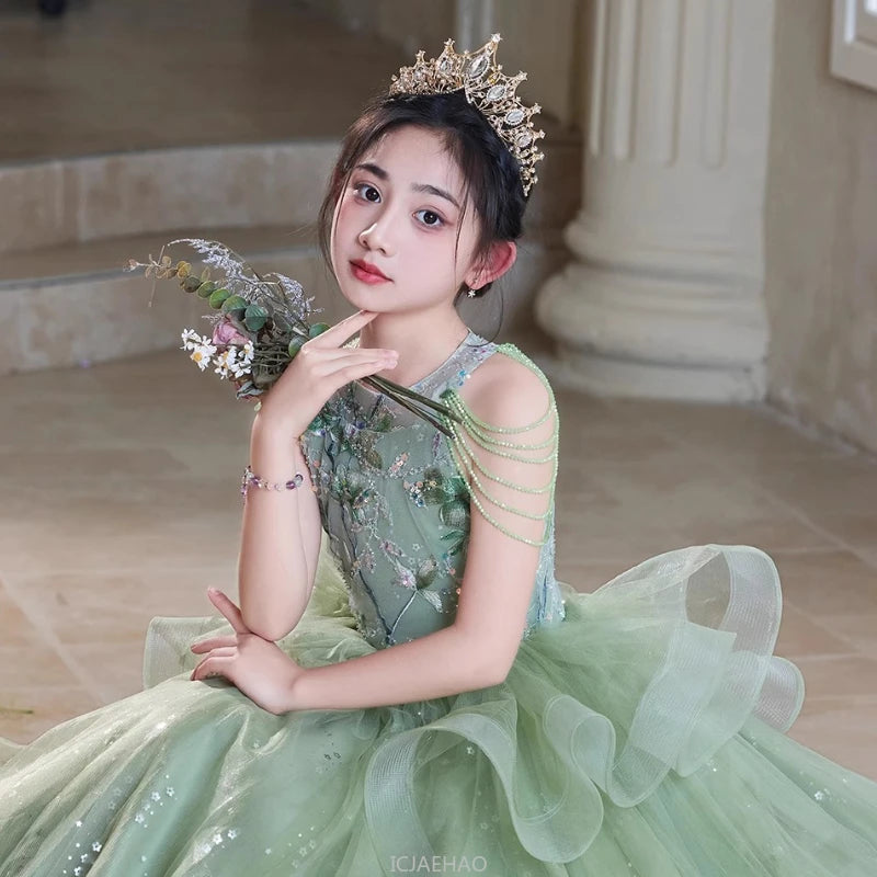 Teen Girl Clothes Green Girls Princess Dress Kids Pageant Host Gown Birthday Party Outfit PianoFormal Wear Recital Performance