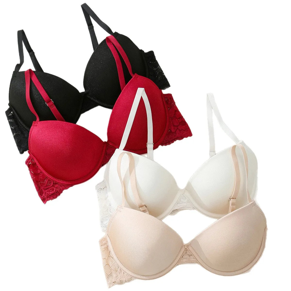 Large Size Bra for Women Non-underwire Gathering Lace Trim Lingerie Deep V Sexy Anti Sagging Push Up Underwear