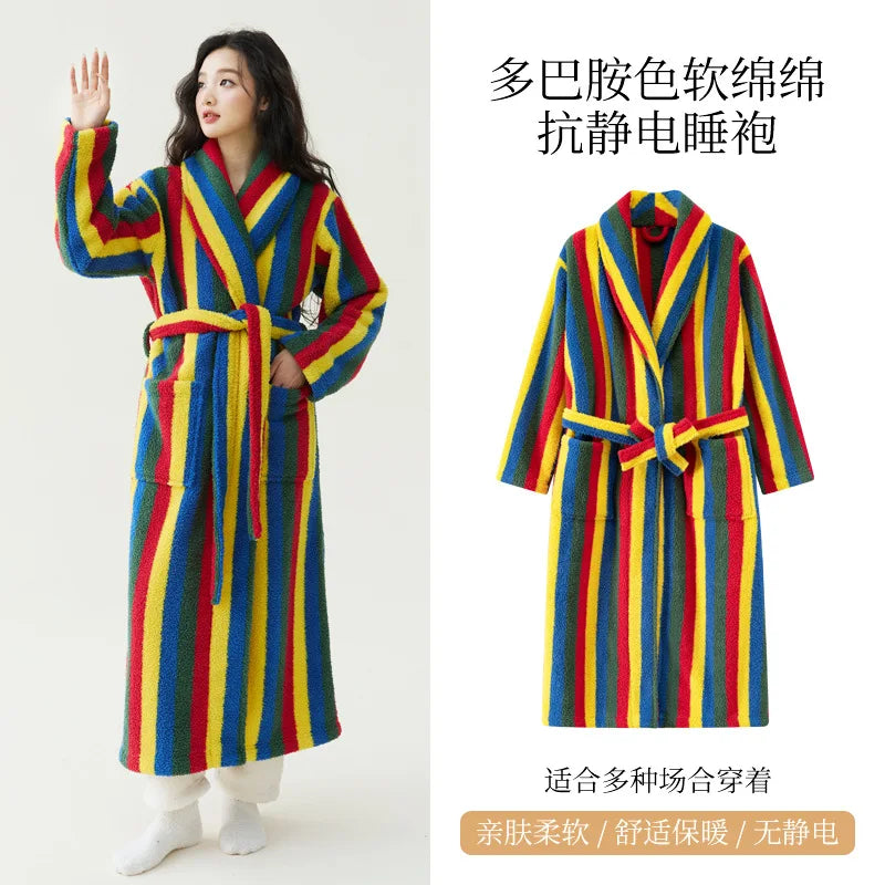 2025 New Autumn/Winter Women's Sleepwear Thick Velvet Warm Robe Couple Coral Velvet Striped Lengthed Home Clothes Bathrobe