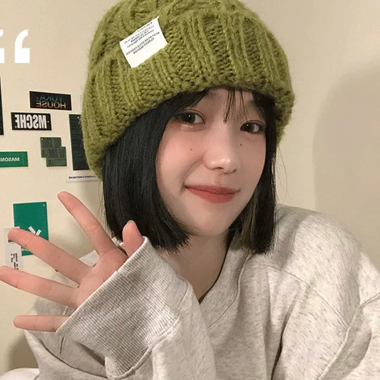 New Hat Women's Coarse Knitted Knitted Wool Hat Autumn and Winter Versatile Big Head Circumference Green Loose Ins Trendy F