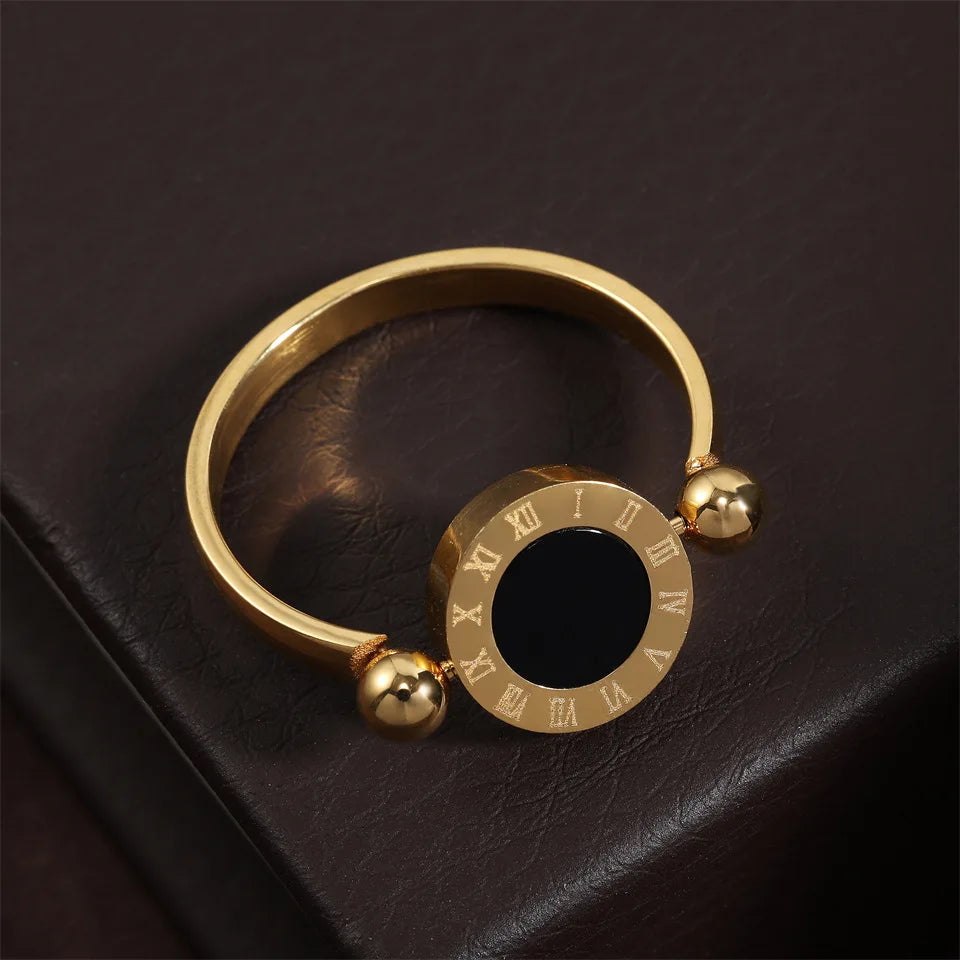 Classic Round Roman Numeral Reversible Rings For Women Men Black White Copper Metal Ring Party Daily Jewelry