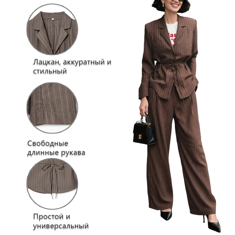 Women's Suit 2025 New Fashion Autumn Striped Shoulder Pads Belt Blazer and Pleated Pants Suit for Women Casual Chic Ladies Set