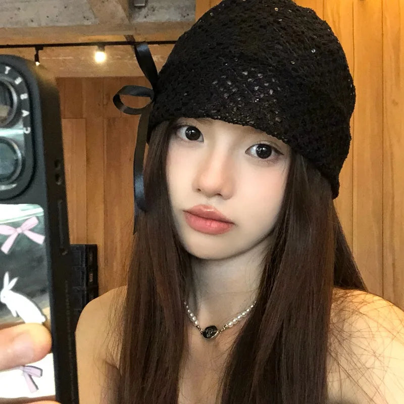 Women's Hat Hollow Bow Solid Color Simple Versatile Fashionable Personalized Pile Caps Elastic Sweet Elegant Lace Y2k Hats Girl