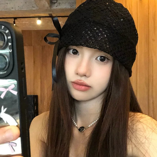Women's Hat Hollow Bow Solid Color Simple Versatile Fashionable Personalized Pile Caps Elastic Sweet Elegant Lace Y2k Hats Girl