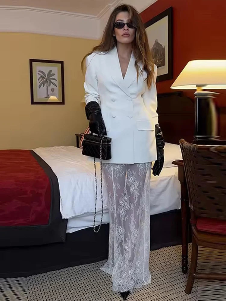 2025 Elegant Blazer Skirt Sets Women Two Piece Double Breasted Jacket Lace See Through Trousers Suits New Party Gown Set