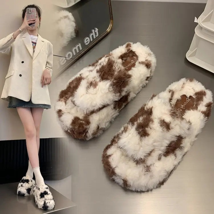 Shoes Woman 2025 Cover Toe Slippers Casual Platform Fur Flip Flops Pantofle Luxury Plush New Slides Shoes Woman 2024 Plush Slipp