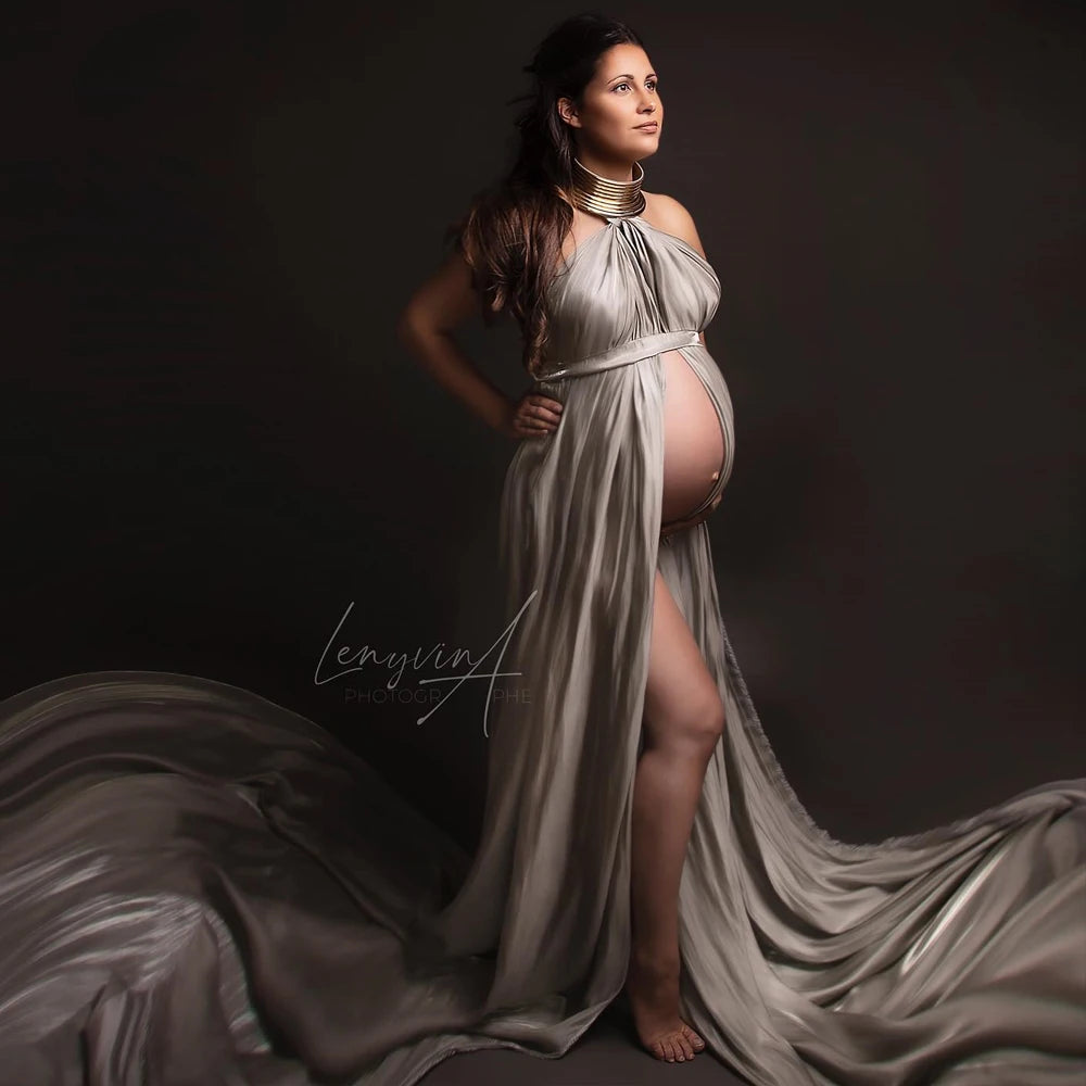 Maternity Photography Gown Sexy Elegant Long Dresses Gold Color Leather African Posing Props For Pregnant Women Photography