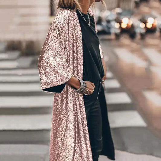 Women Coat Comfy Loose Outerwear Outwear Windproof  Stylish Shining Sequins Cardigan Jacket Top