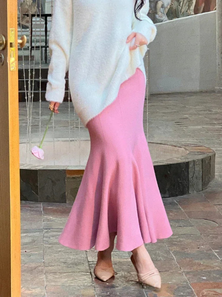 Women's Skirts 2025 Autumn Winter Fashion Knitted Long Skirts for Women Green Vintage Slim Office Lady A-LINE Fishtail Skirt