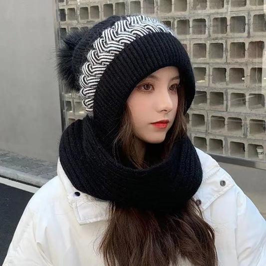 Woolen hat for women, versatile in autumn and winter, Korean version, trendy and warm knit hat with thick velvet and scarf, one-