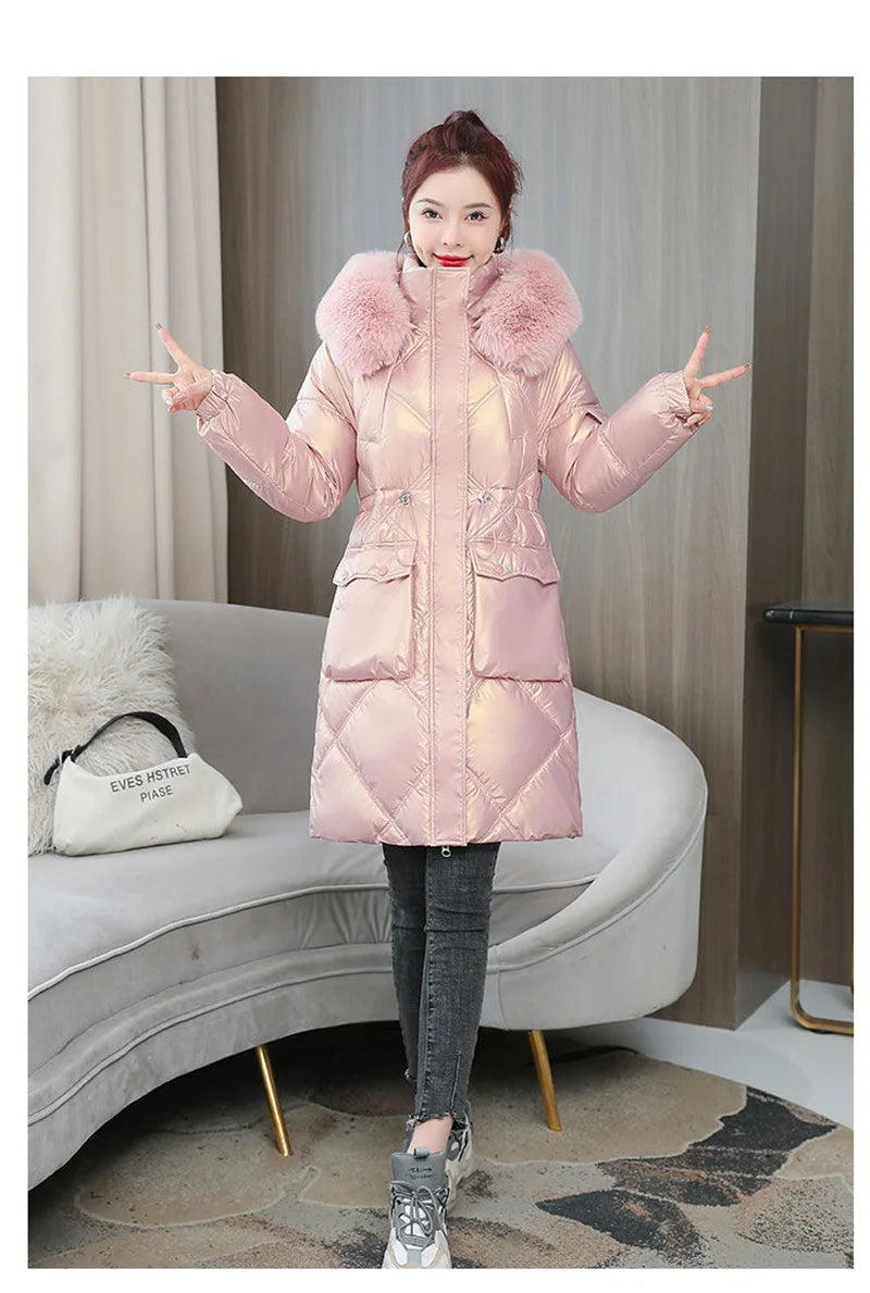 Champagne Winter Jacket Parkas Women Coat Fur Collar Hooded Overcoat Female Jacket Thick Warm Cotton Padded Puffer Parka Outwear
