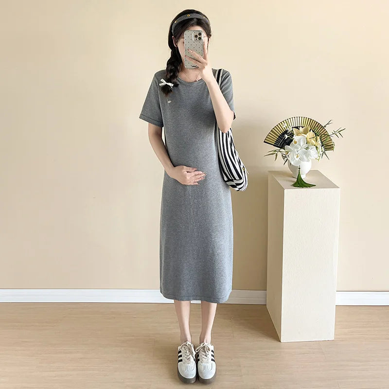 Maternity Dress: Back-Cutout Knit &Lace Maxi - Sophisticated Pregnancy Gown with Designer Details for Fashionable Expecting Moms