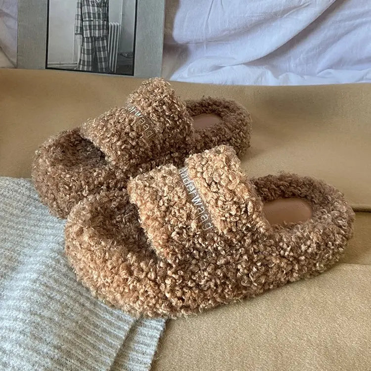 Shoes Woman 2025 Cover Toe Slippers Casual Platform Fur Flip Flops Pantofle Luxury Plush New Slides Shoes Woman 2024 Plush Slipp