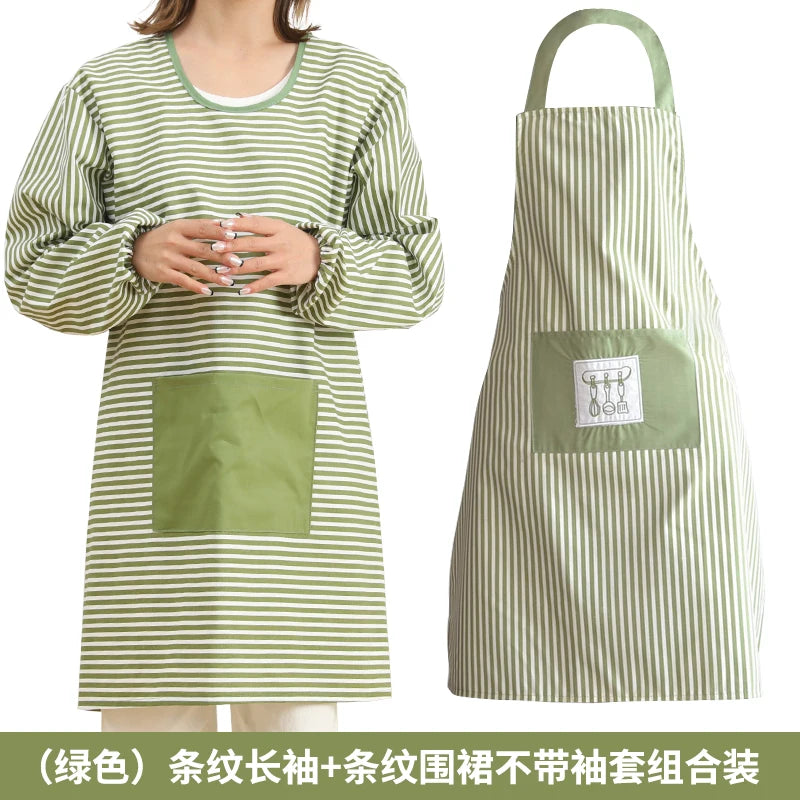 Fashionable Striped Apron For Home Kitchen Cooking Long Sleeved Women's Cute Anti Stain Work Dining Work Clothes Smock