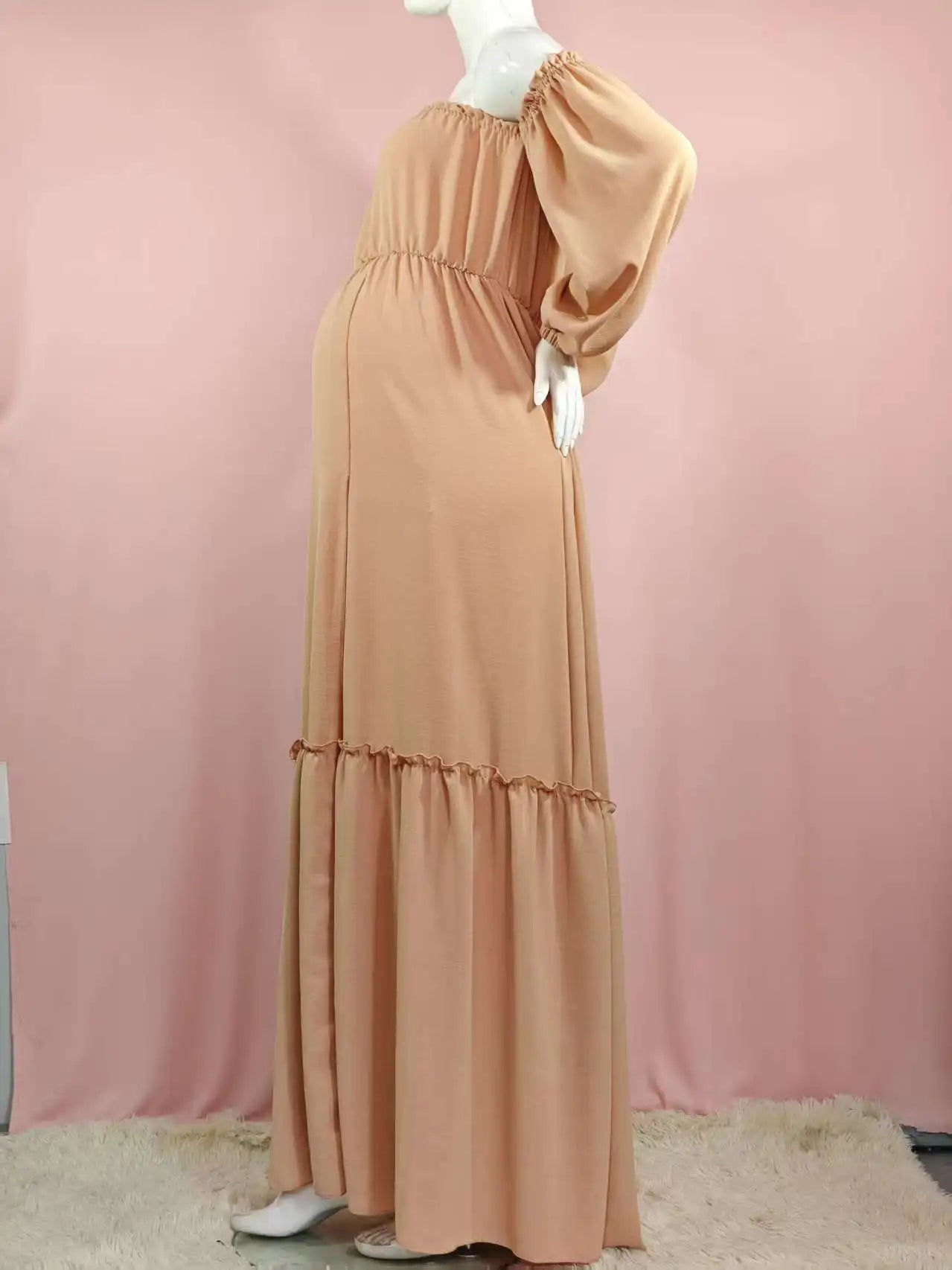 Maternity Photoshoot Dress - Sexy Off-Shoulder Gown Playful Puff Sleeves & Leg-Baring Slit Clothes for Pregnant Women Photograph