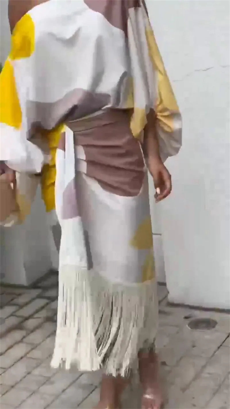 Two Piece Set Women Dress Outfit Spring Fashion Print Lantern Sleeve Diagonal Collar Top Tassel Hem High Waist Skirt Set 2 Piece