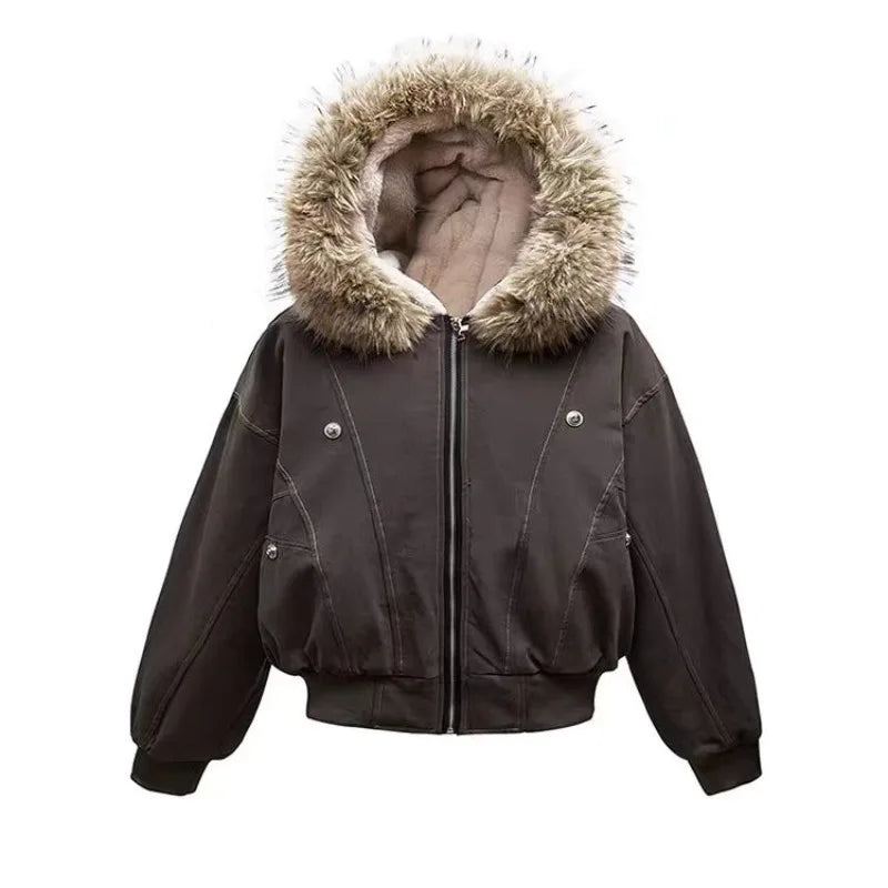 Winter Jackets Fur Collar Parkas Women Vintage Thicken Fleece Warm Jackets Streetwear Harajuku Hip Hop Padded Jackets Outwear