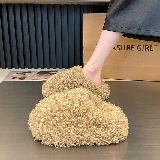 Shoes Woman 2025 Cover Toe Slippers Casual Platform Fur Flip Flops Pantofle Luxury Plush New Slides Shoes Woman 2024 Plush Slipp