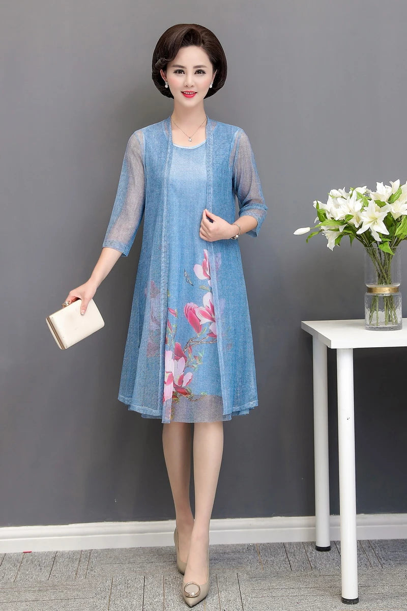 Elegant Dresses Women NEW Summer Casual Retro Temperament printing two Piece Set Dress Mother Dress plus Size