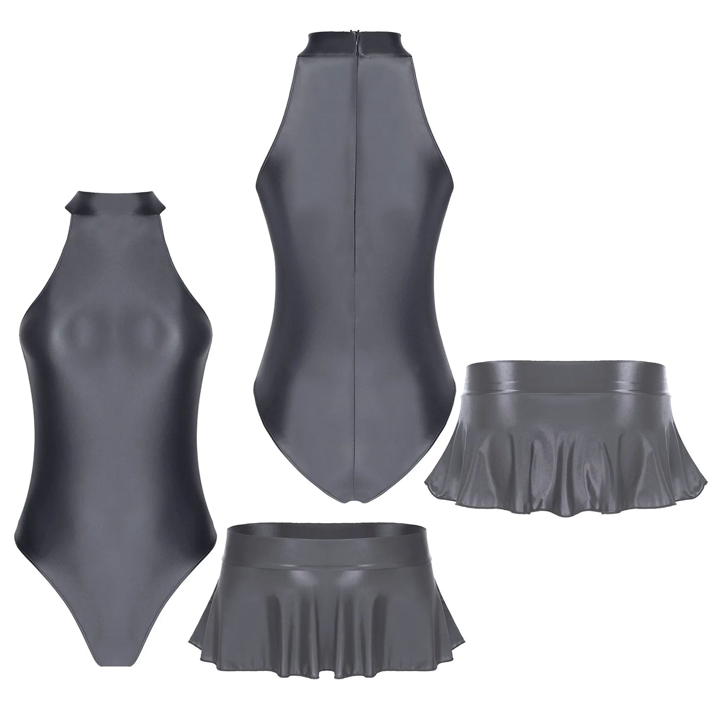Women Glossy Bodysuit Swimsuit Set Elastic Sleeveless High Cut Leotard with Ruffled Mini Skirt Swimming Bathing Suit Swimwear