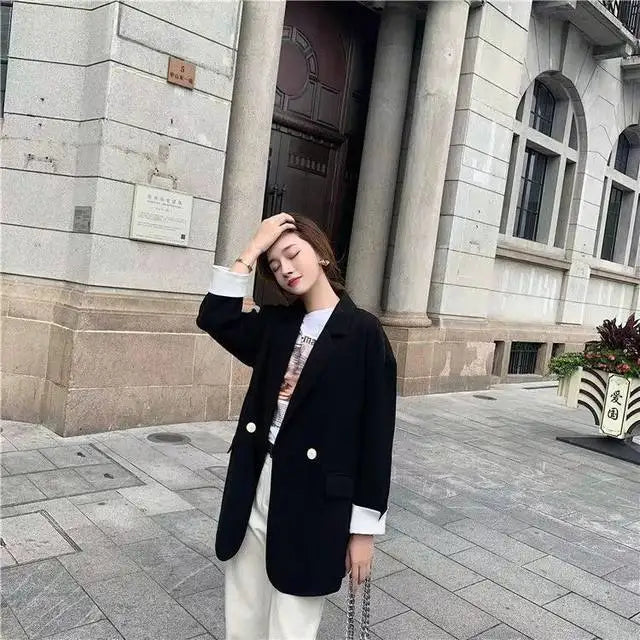 Long Blazers Woman Spring Casual Office Lady Lapel Double-breasted Slim-fit Elegant Solid Color Fashion Outerwear Minimalist