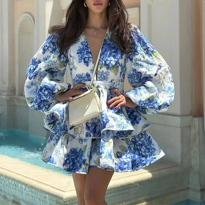 Stylish And Elegant Flower Print Women's Mini Dress Chic V-neck Puff Long Sleeve Double Layer Ruffle Mini Dress 2024 Autumn New