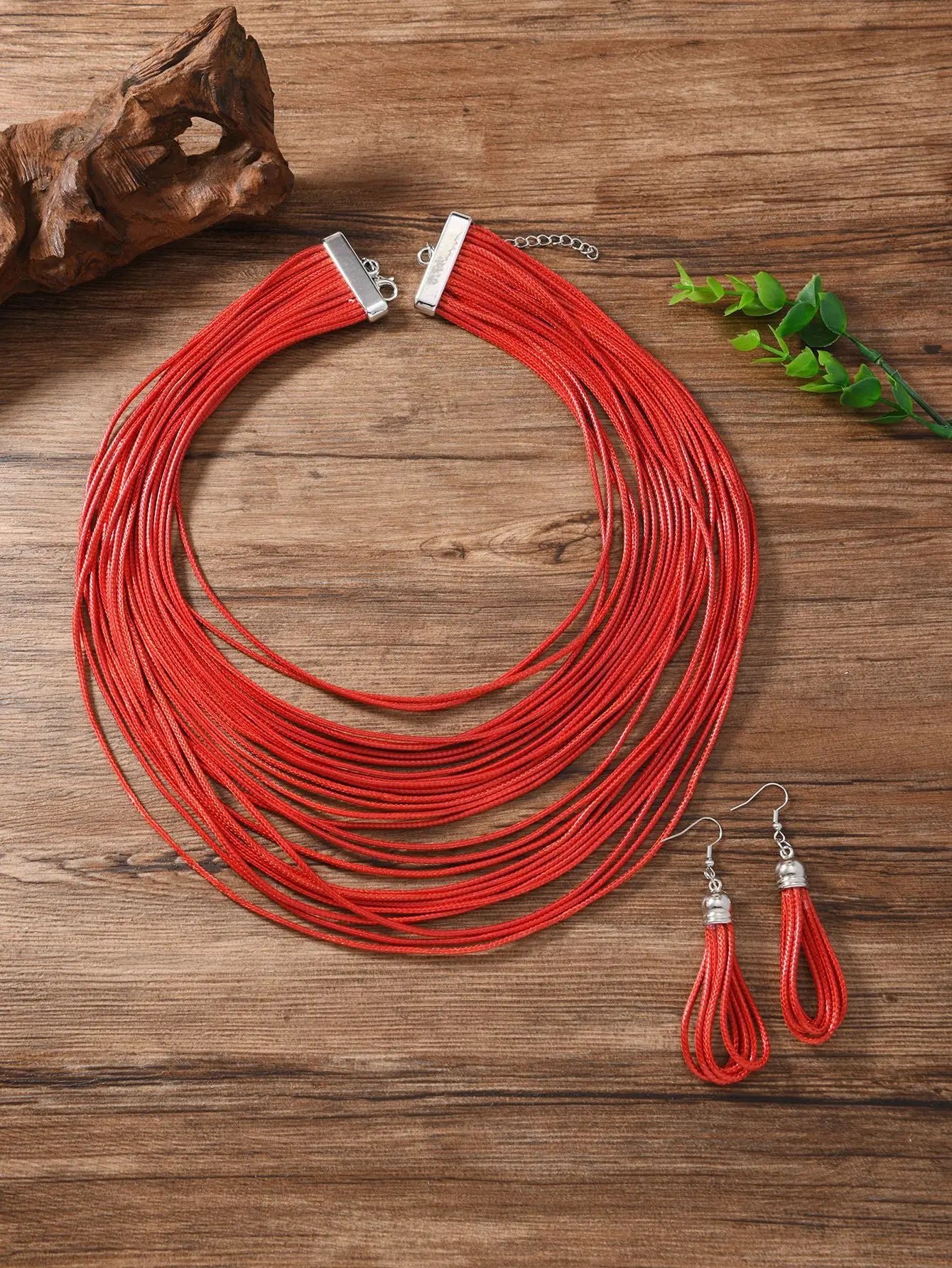 Jewelry Sets for Women, Multi-layer Wax Thread Hand-woven Necklace, Fashion and Personality Choker + Dangle Earrings