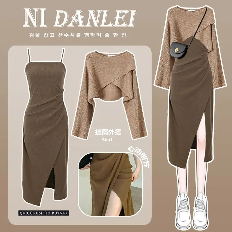 Women Dress 2 Piece Sets Strap Vintage Dresses Long Sleeve Tops Female Outfits New Spring Fall