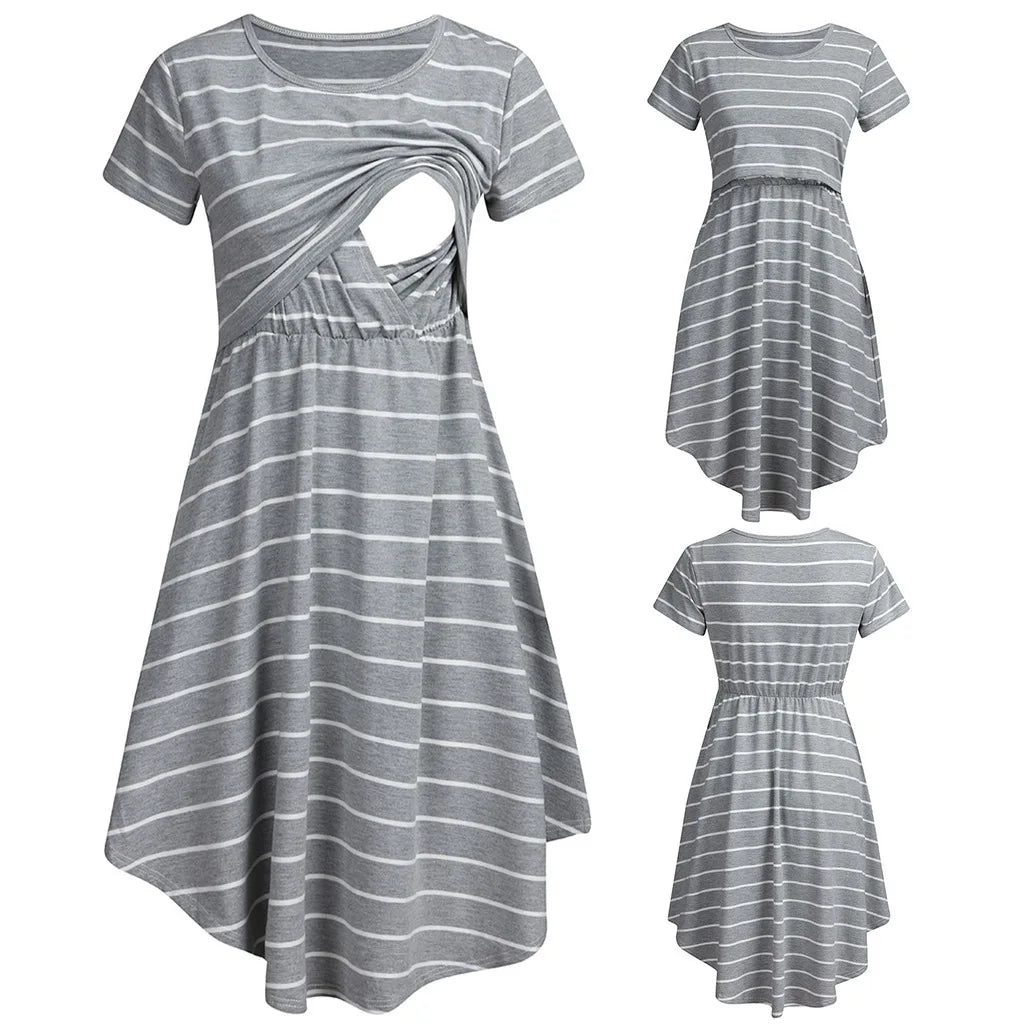 Summer Maternity Care Striped Dresses Pregnant Women Pajamas Multifuntional Mother Breastfeed Dress Premama Baby Shower Clothes