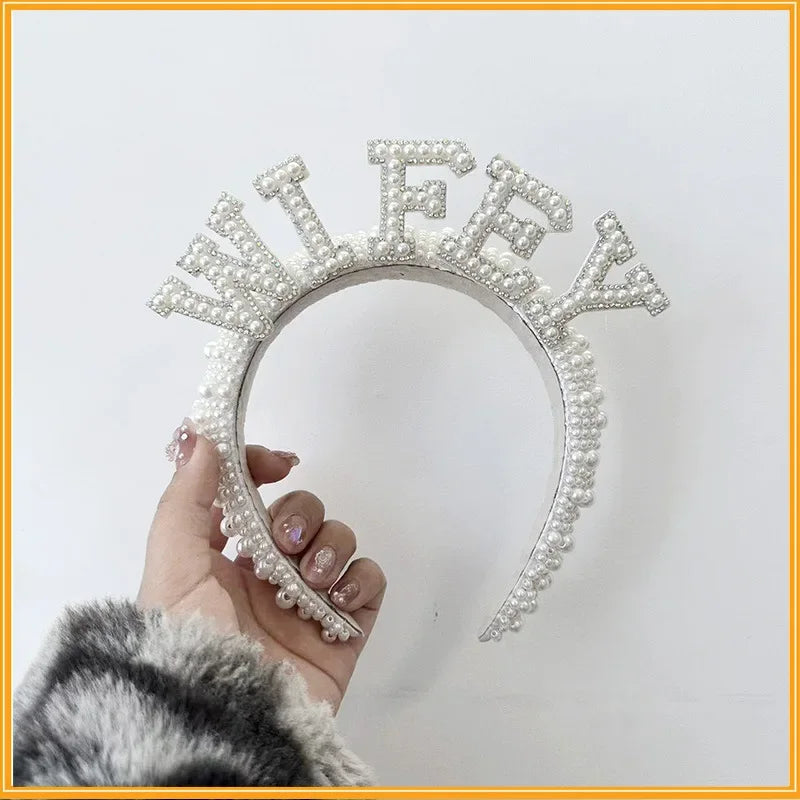 Bridal Hairband Pearl Crown with Headscarf Bride To Be Luxury WIFEY Hair Accessories Wedding Engagement Dinner Decoration Gift