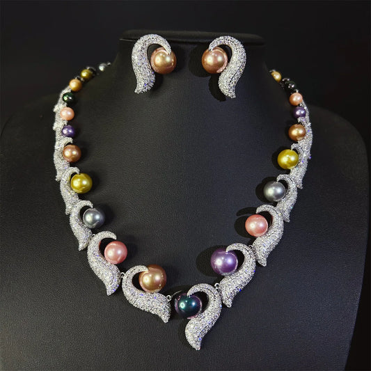 wedding bride jewelry sets silver gold color colorful pearls jewelry dinner party shiny zirconia anniversary gift women