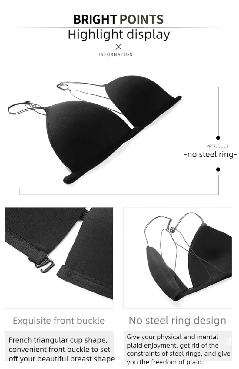 Women's underbra without underwire, thin and small bra for women, with a sexy front buckle and a beautiful back