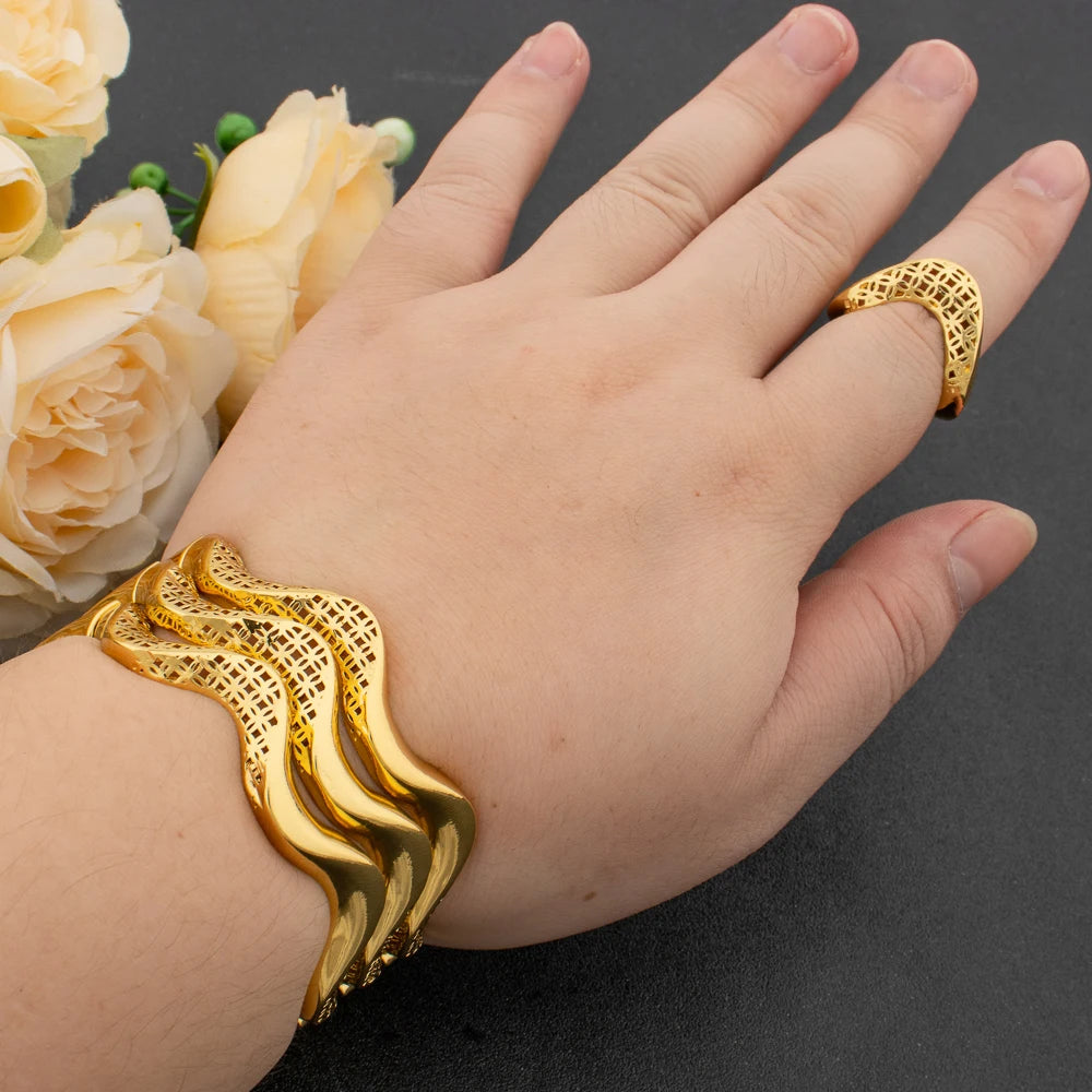 Fashion Bangle With Ring For Women 18K Gold Plated Bracelet Jewelry Sets Nigerian Wedding Party Gift Dubai Design Bracelet
