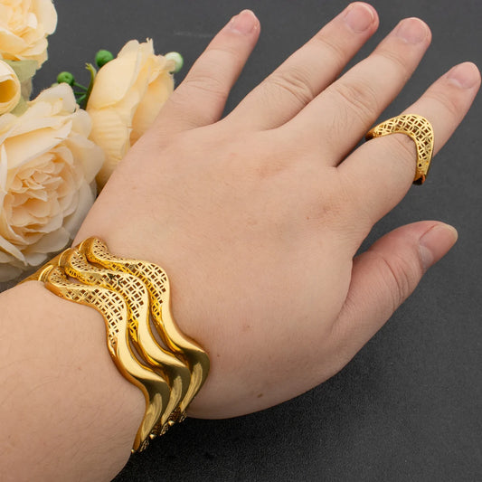 Fashion Bangle With Ring For Women 18K Gold Plated Bracelet Jewelry Sets Nigerian Wedding Party Gift Dubai Design Bracelet