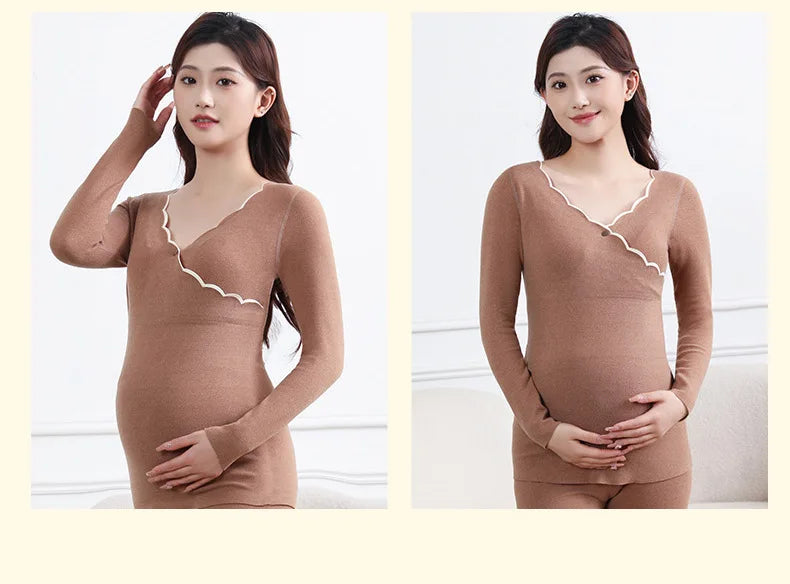 Winter Maternity Padded Warm Pajamas Pregnant Women's Homewear with Cups No Need to Wear Bra Breastfeeding Bottoming Underwear