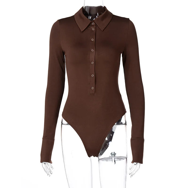 Long Sleeve Bodysuit Women Y2k Clothes Button Lapel Sexy Tops Autumn Winter Fashion Stretch Tight Elegant Body Suits Women 2024