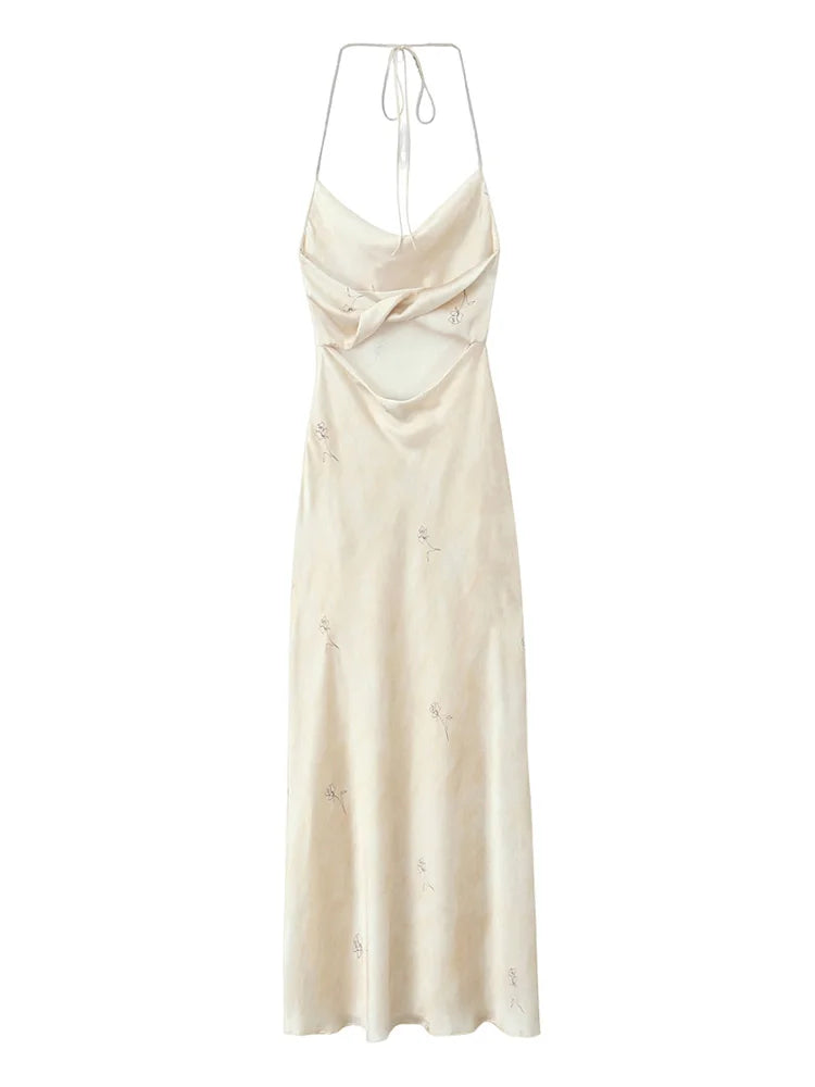 Women's Floral Printed Backless Dress Satin Sexy Long Dating Party Evening Dresses Temperament Elegant Women's Dresses