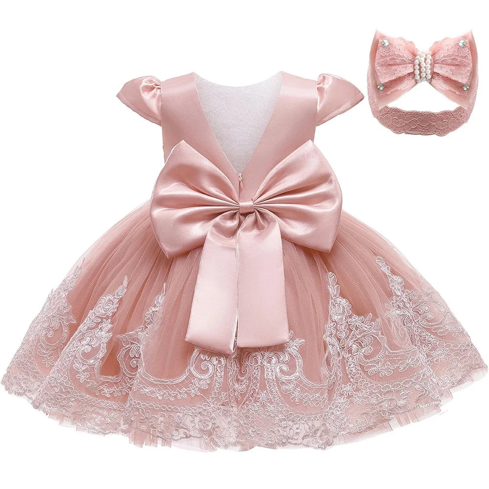 Infant Baby Embroidery Gown Elegant Girl Dress Satin Big Bow Tulle Dress V Back Prom Wedding Birthday Party Formal Baptism Dress