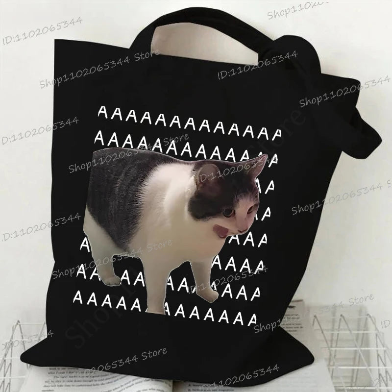Women's Handbags Meme Cat Funny Canvas Shopping Bags Cartoon Animal Shoulder Bag Folding Reusable Tote Bags For Women Men