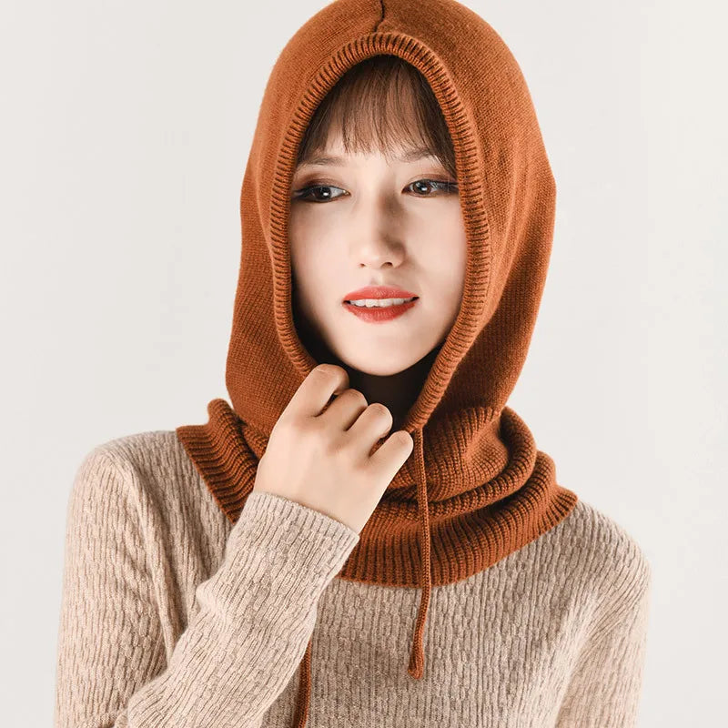 Winter Hats for Women, Wool Blend Hooded Scarf Hat for Girls Balaclava Knit Skull Cap Beanie Hat Neck Gaiters