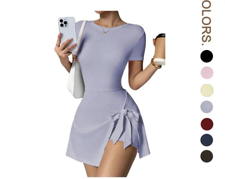 Women Yoga Bodysuit Short Dress Slimming Open Back Two Piece Look Anti See Through Athletic Tennis Skirt for Outdoor Workout